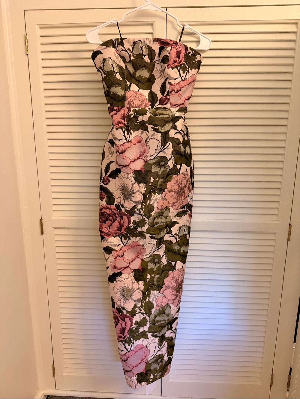 Molly Strapless Floral Midi Dress in Pink and Olive Size 0